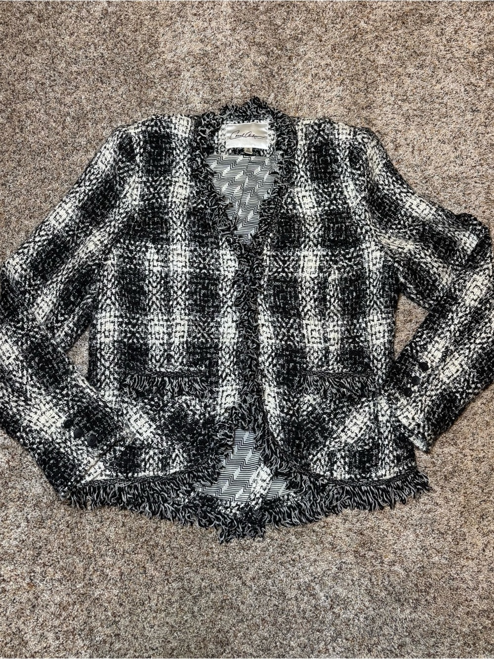 338. Very Cute Carol Anderson Checked Fringe Jacket, Size 14